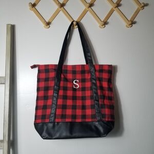 BLACK AND RED GINGHAM BUFFALO CHECK TOTE BAG WITH S MONOGRAM
